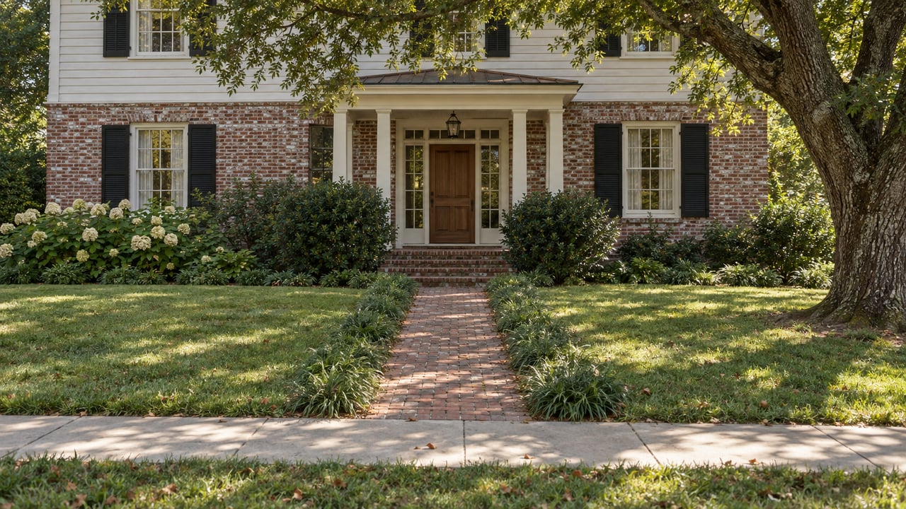 Brick-and-siding Colonial Revival house with a brick walkway beneath a mature willow oak.