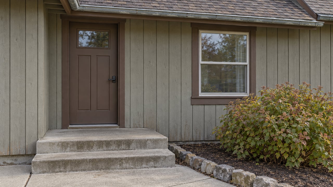 Close view of a modest sage-gray timber-sided home with a brown entry door, rectangular window, weathered shingle eave and concrete steps beside a ninebark shrub.