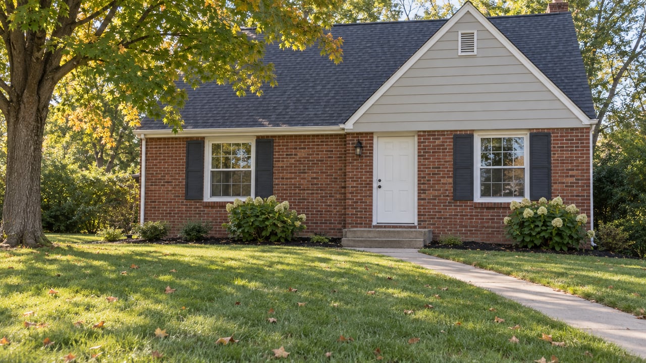 Modest brick-and-siding Cape with a diagonal concrete walk, deep lawn, and maple branches overhead.
