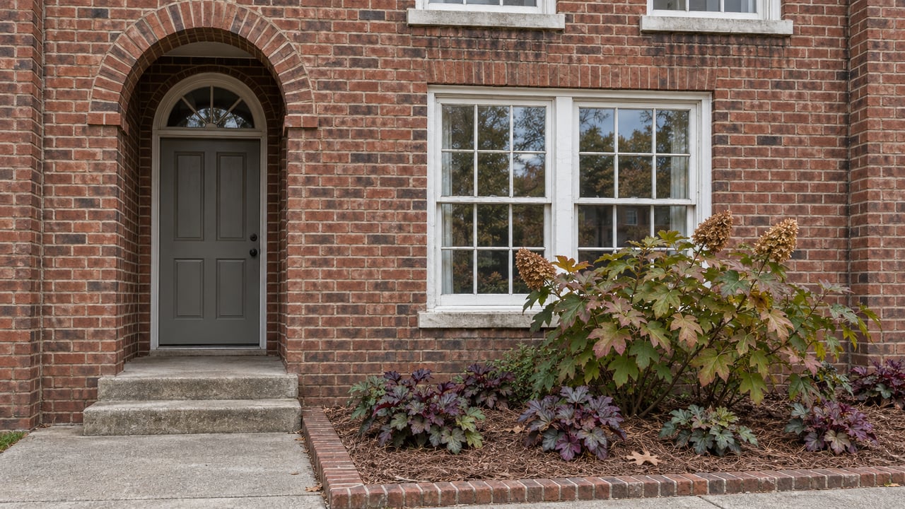 Red-brown brick home with an arched gray doorway, white divided-light windows, weathered concrete steps and an oakleaf hydrangea garden.