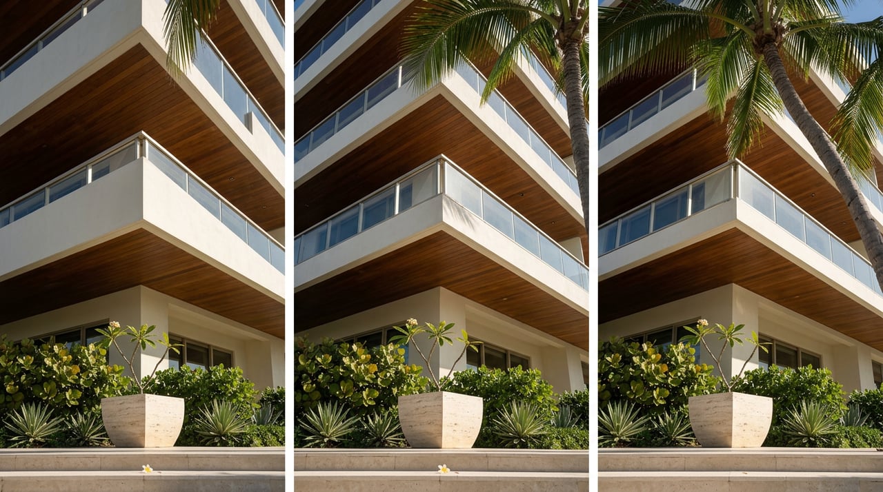 Residential tower corner with stacked white terraces, wood soffits, glass railings, and a palm canopy.