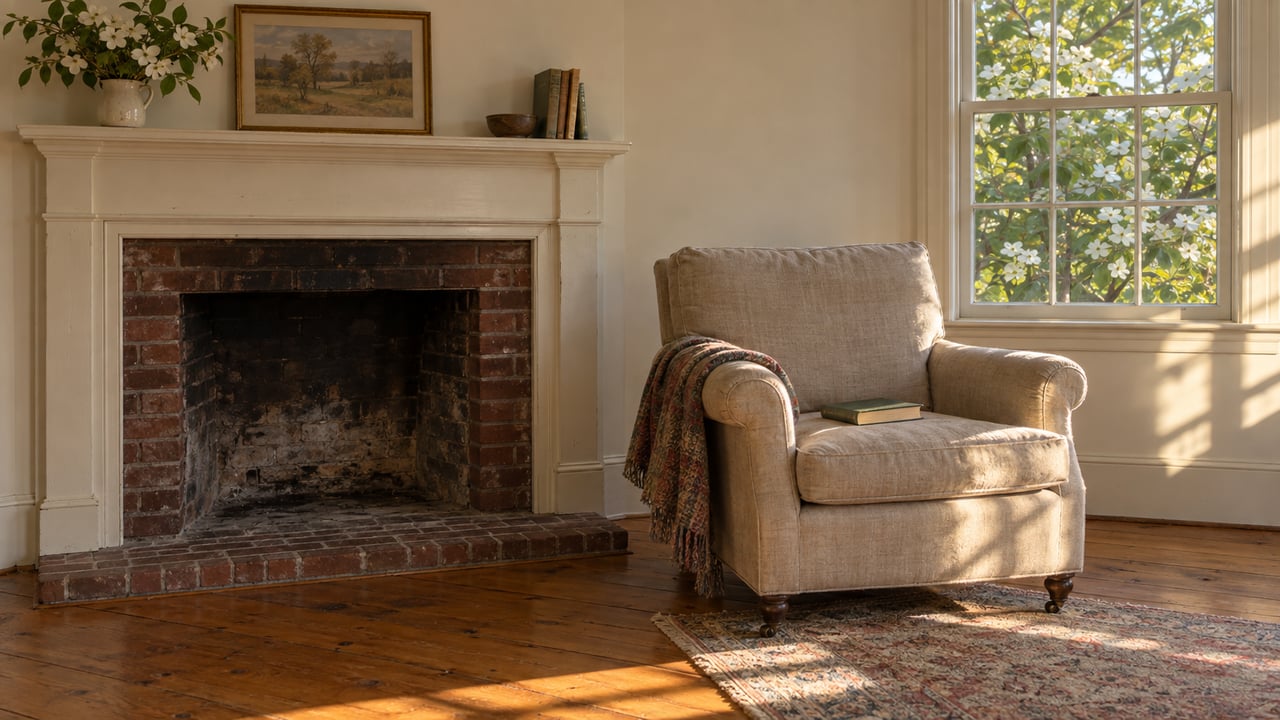 Living room with a brick fireplace, linen armchair, and sunlit window framing a flowering dogwood.