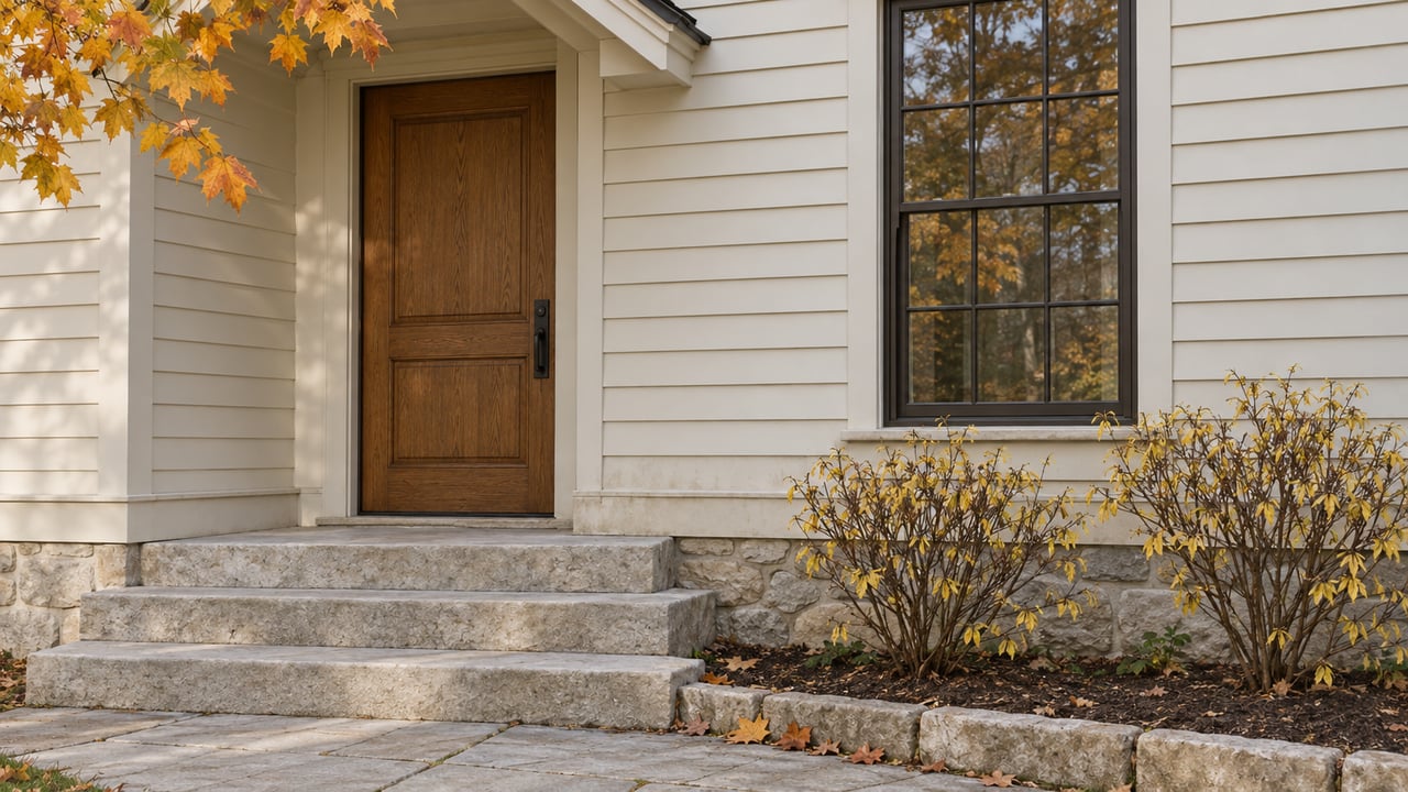 Closed oak front door beside a divided-light window, limestone steps, and yellow autumn leaves.