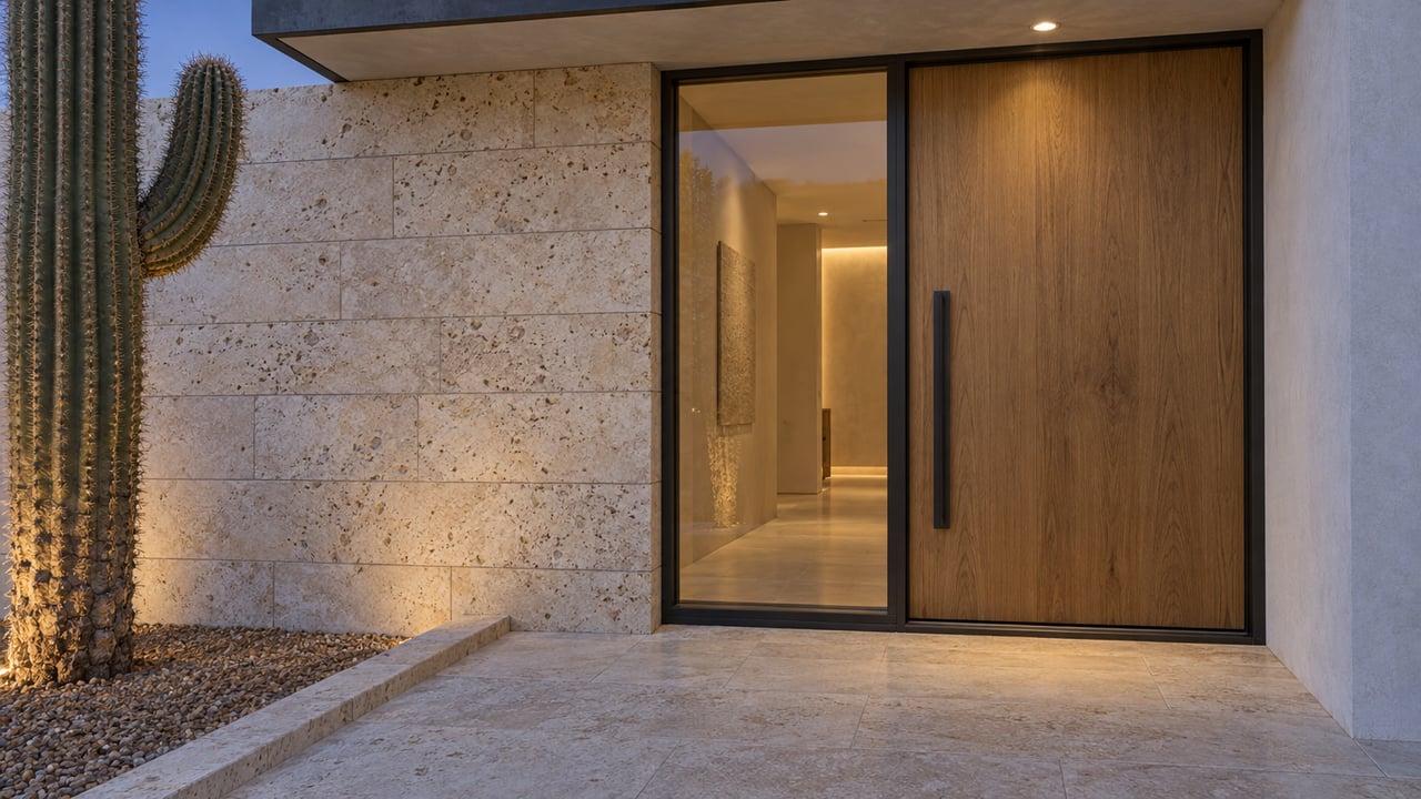 Blue-hour view of a pale stone and stucco home entrance with an oak door, warm sidelight and mature saguaro beside a limestone landing.