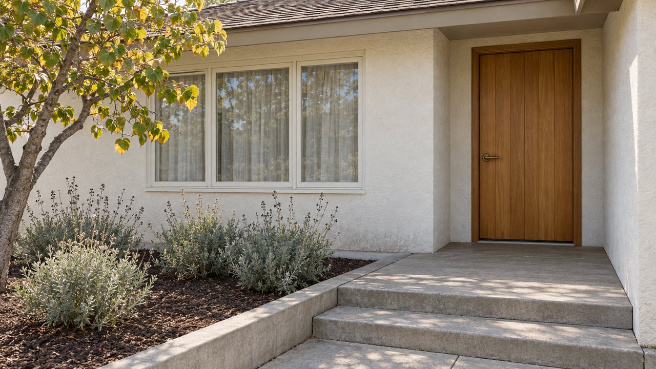 Warm-white bungalow entrance with a wood door, divided window, worn concrete steps, and a carefully planted garden bed.