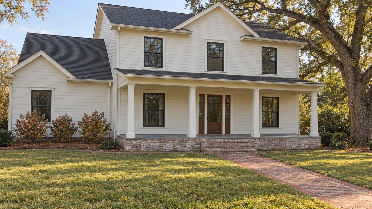 Cream lap-sided home with a raised porch, brick approach, broad lawn and a mature live oak in warm afternoon light.