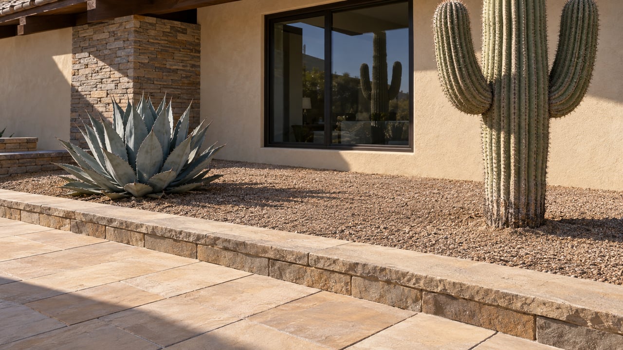 Sandstone terrace borders a granite planting bed with a saguaro and agave beside a stucco house.