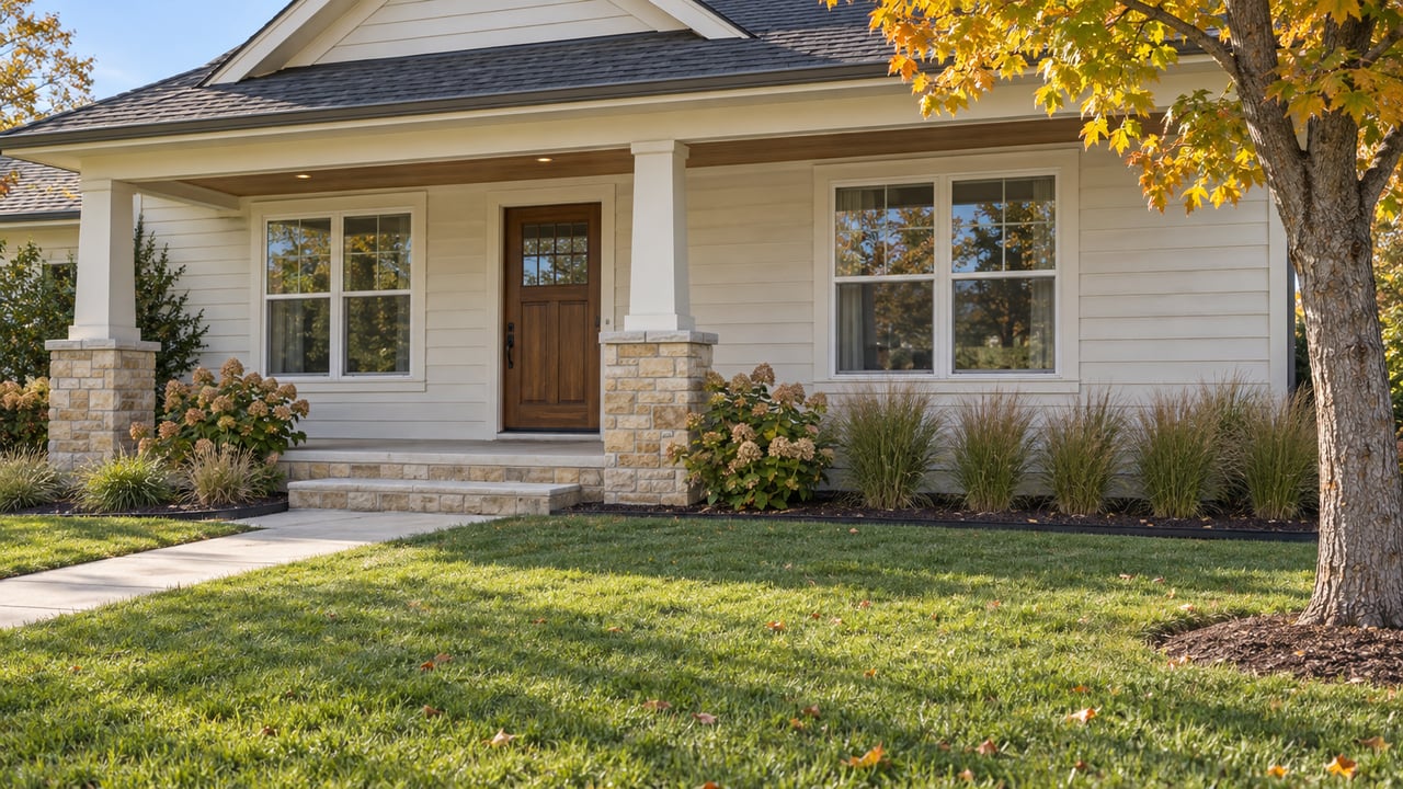 An ivory-sided home with a limestone-accented covered porch beyond a deep lawn, with autumn maple foliage and tawny flowering shrubs.