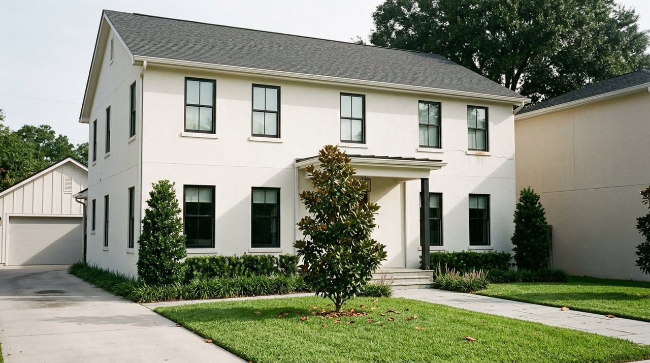 Two-story off-white stucco house with black-framed windows, limestone walkway, and magnolia in a narrow lawn.