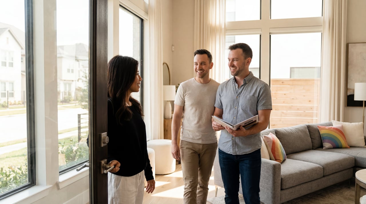 LGBTQ+ buyers consult with an inclusive Houston real estate agent in a modern Montrose home