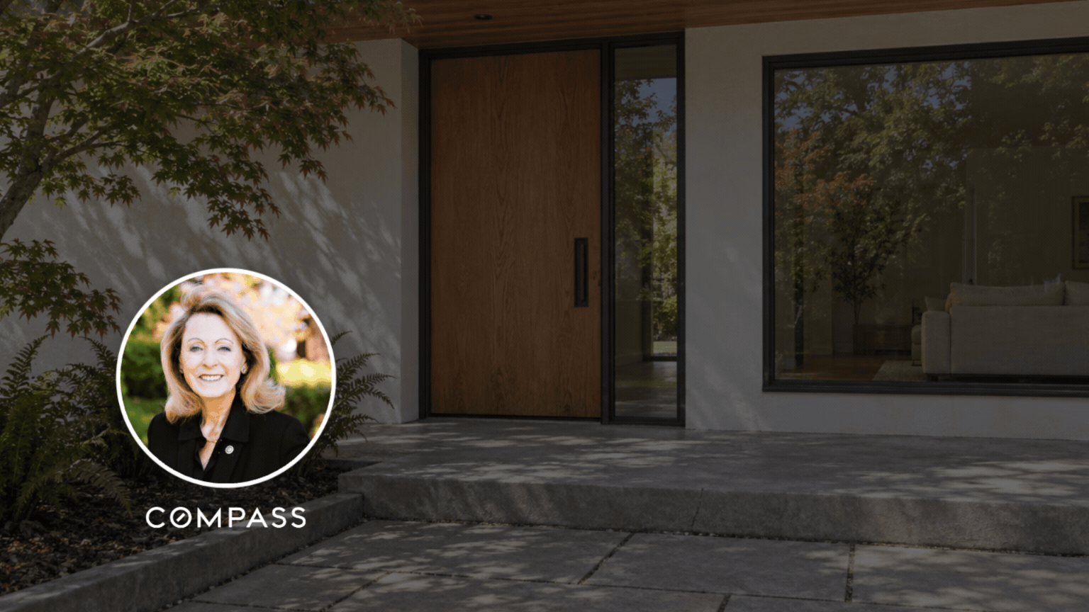 Modern home entrance with a wood door, broad windows, and an overlaid circular agent portrait.
