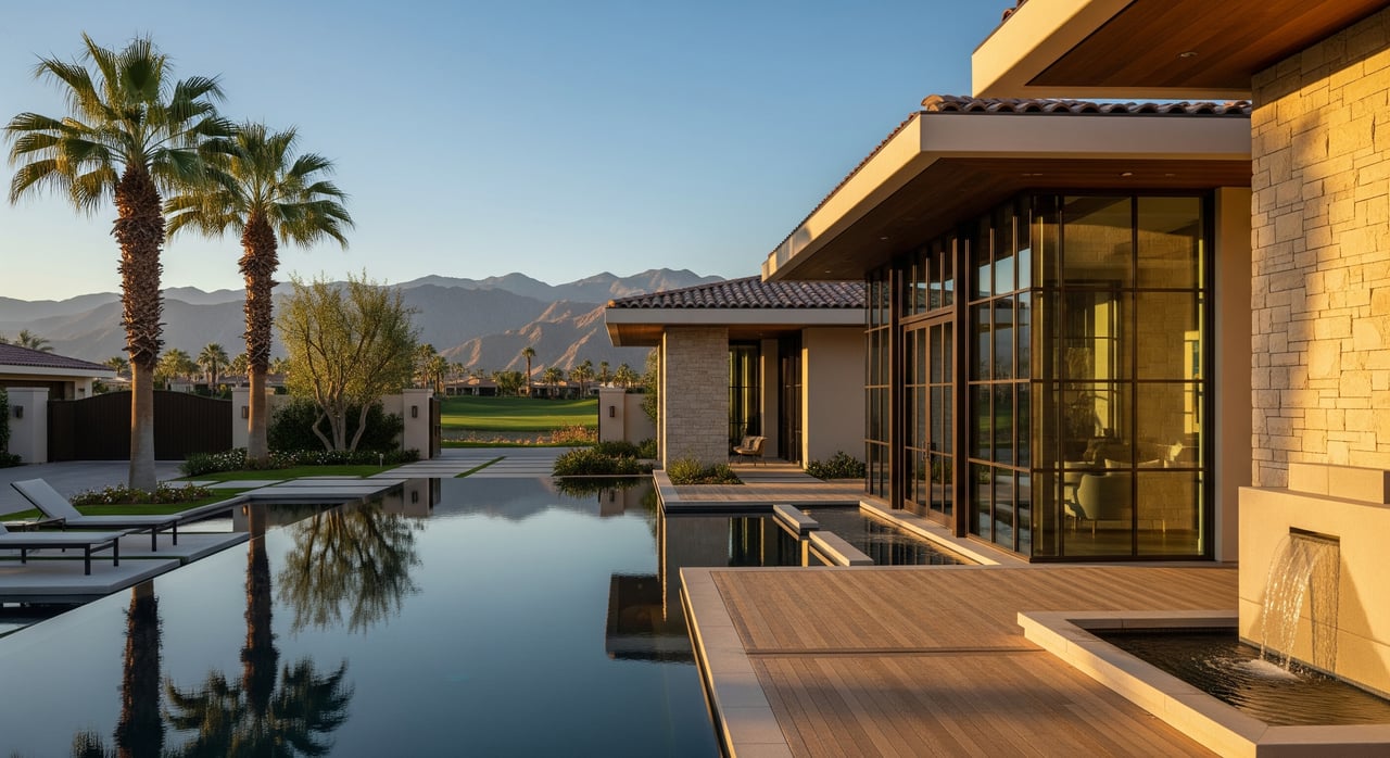 Modern glass house beside a reflecting pool, with palm trees and mountains in the background.