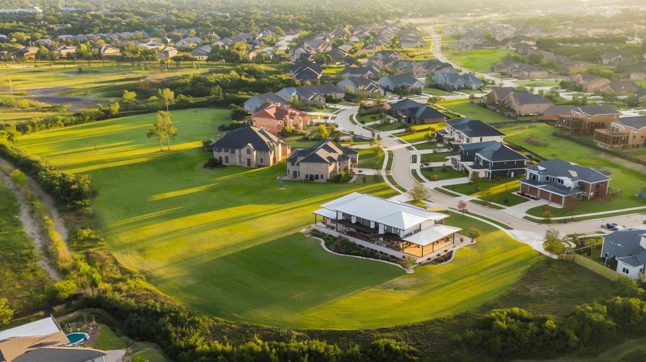 Aerial view of a new housing development, with scattered homes, curving streets, and broad green lawns.