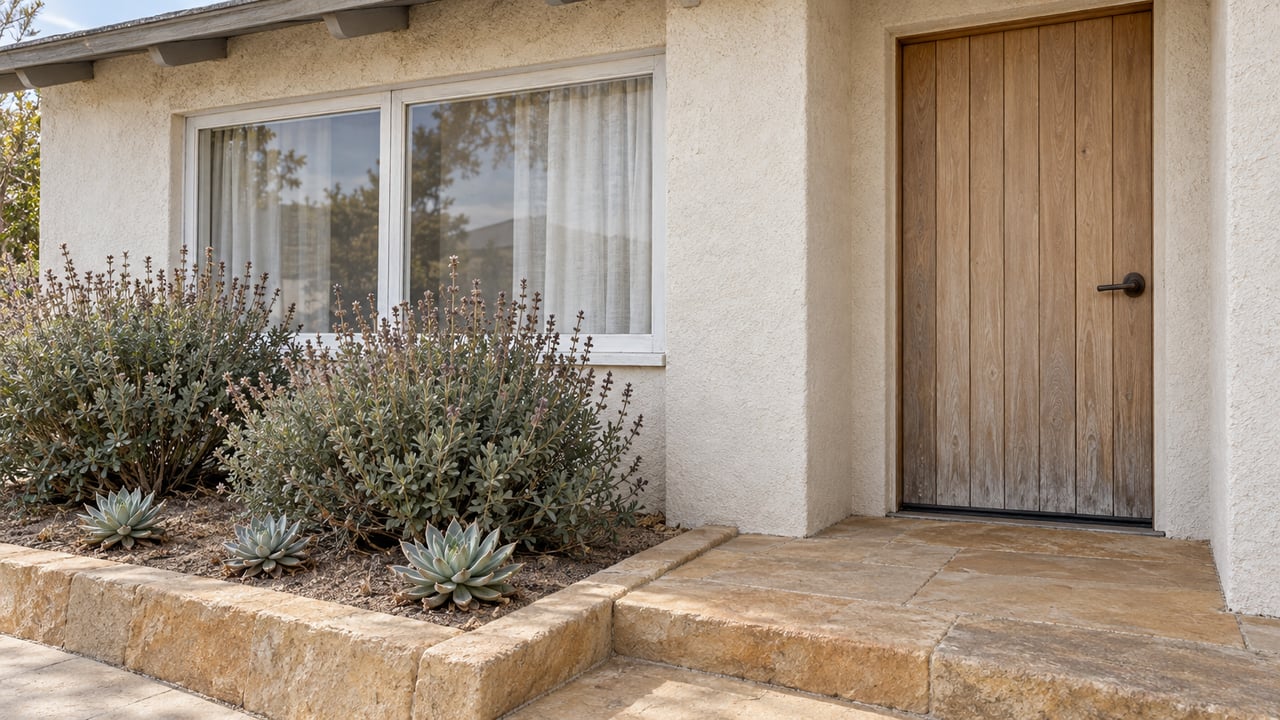 A compact home's cedar entry door and white-framed window above a weathered sandstone landing beside sage and succulent planting.