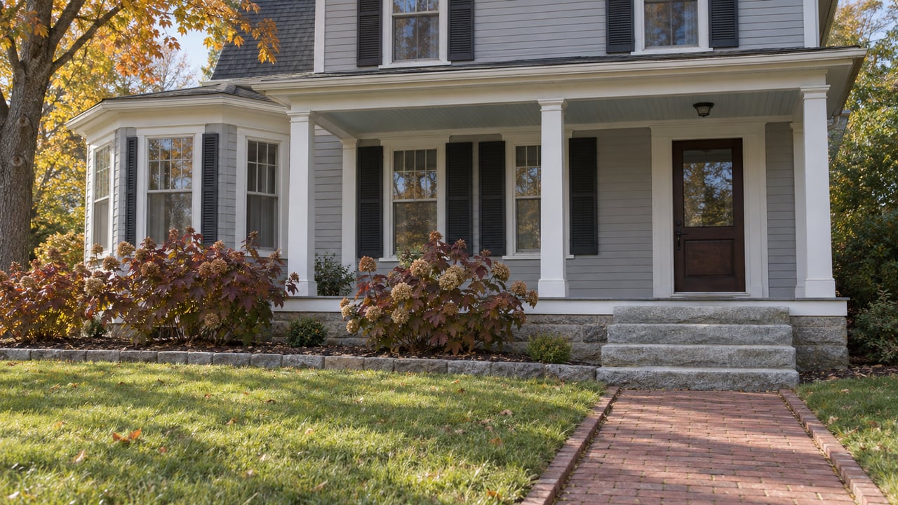 Gray clapboard home with a deep white-columned porch, granite steps, brick walk and autumn maple foliage.