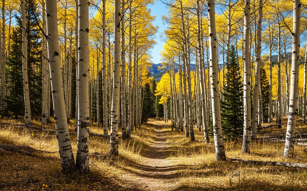 Hiking trail through golden aspens, with evergreen trees and mountains in the distance.