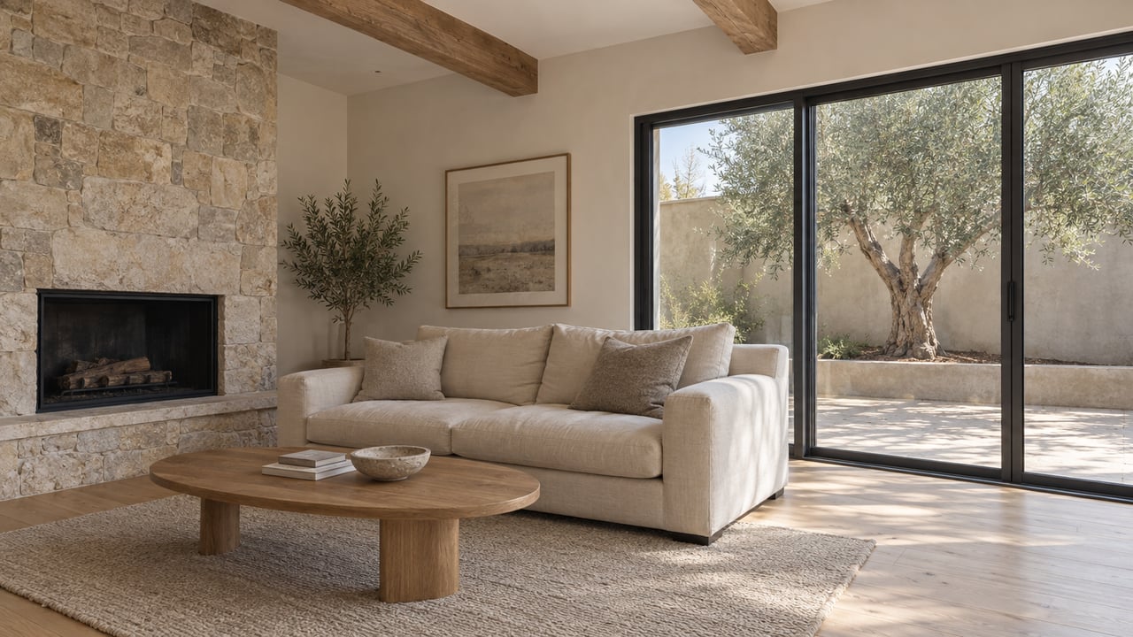 Sunlit living room with pale oak flooring, limestone fireplace and cream sofa beside closed glass doors overlooking a mature olive tree.