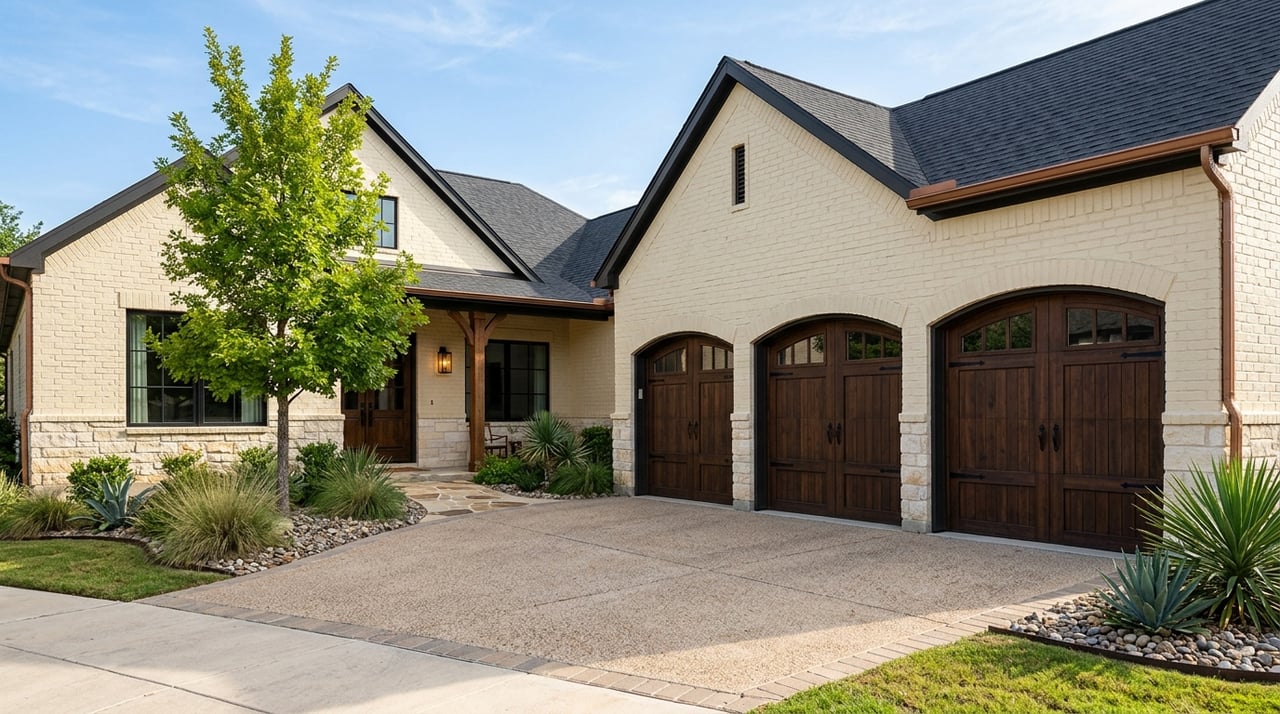 Warm-cream brick home with dark arched cedar garage doors, a broad concrete driveway, and a yucca by the walkway.