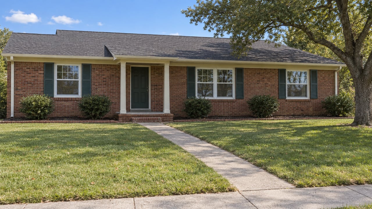 A red-brown brick ranch with a charcoal shingle roof, recessed front porch, and broad green lawn beneath a mature spreading oak.