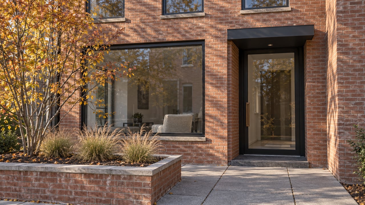 Contemporary brick home with tall black-framed windows, a recessed glass entrance and autumn serviceberry planting beside a concrete forecourt.