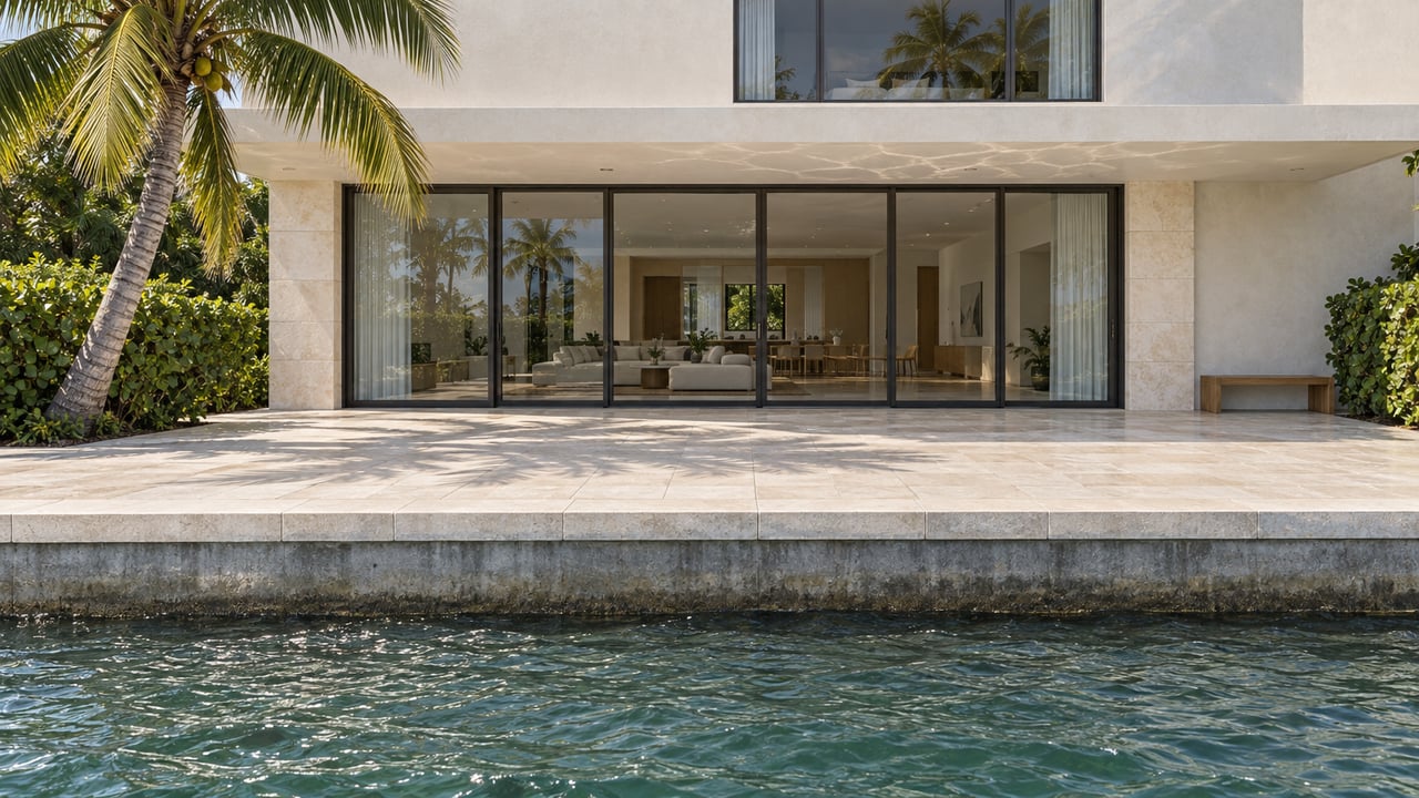 Two-story coastal home with glass doors, limestone terrace, seawall, rippled water, and a leaning palm tree.