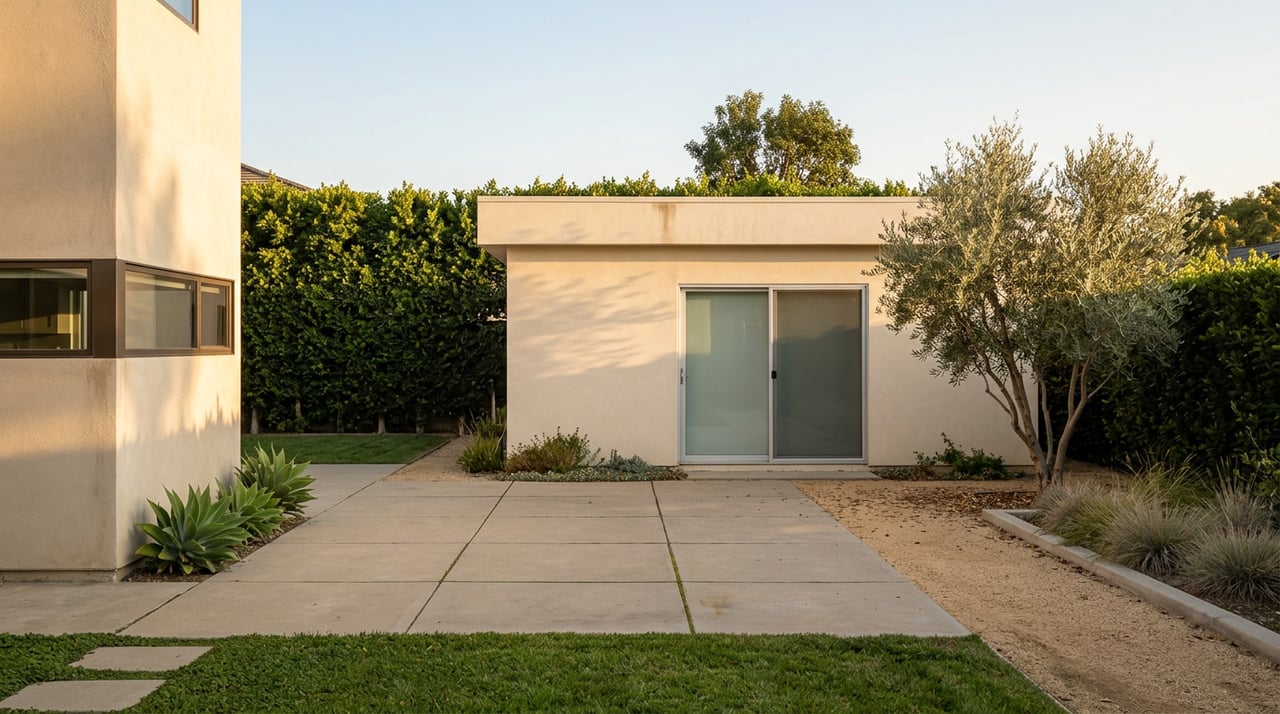 Detached stucco-and-glass backyard structure beyond a gravel path and lawn, beside an olive tree.