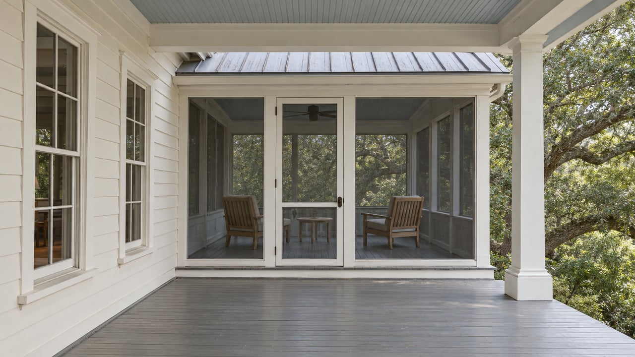 Painted timber porch adjoining a screened sitting room with teak chairs and a mature live oak beyond.