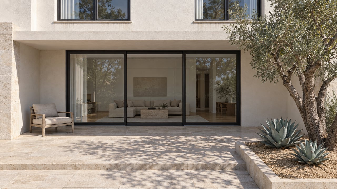 White stucco residence with black-framed glass doors, a limestone terrace, teak chair and sculptural desert planting.
