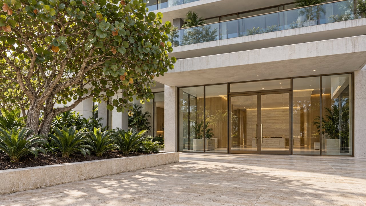 Sunlit stone approach beside a sculptural sea grape tree, leading to a glazed residential entrance beneath pale concrete terraces.