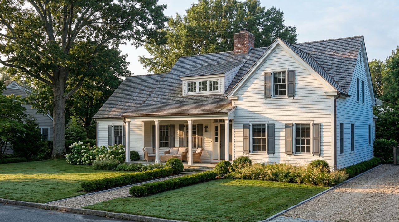 White Cape-style house with a gray-shingled roof, broad lawn, flowering hydrangeas, and a large tree.