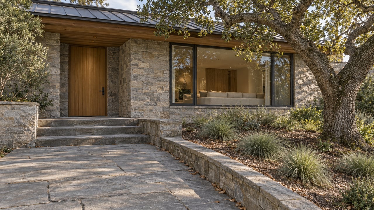 A stone approach leads to a cedar entry and broad dark-framed living-room window beneath a shallow metal roof, beside a mature oak.