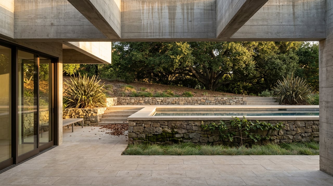 Covered stone patio frames a tiered terrace with a pool, fieldstone wall, and spreading oak.