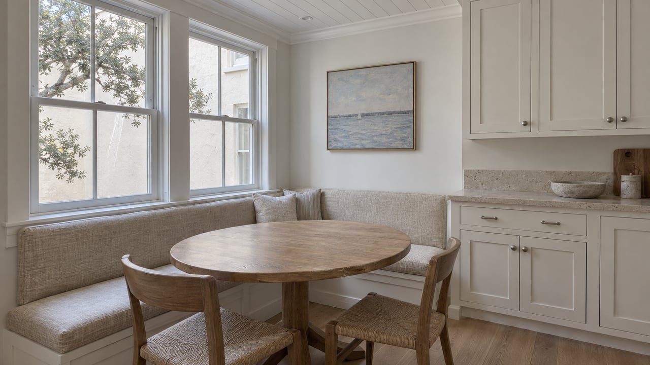 Dining alcove with two sash windows, an oatmeal banquette, and a round oak table beside off-white cabinetry.