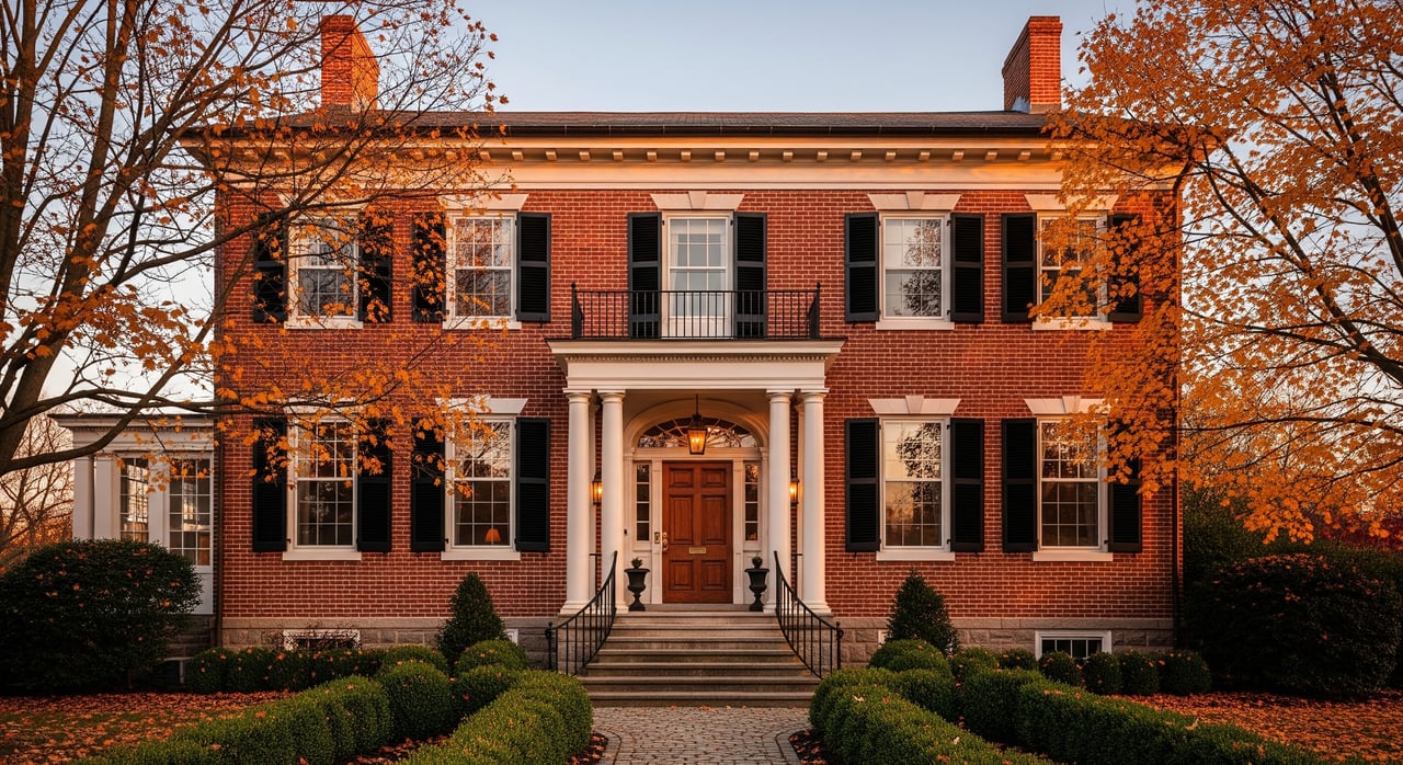 Red-brick Georgian house with black shutters, white columns, and autumn trees framing its entrance.