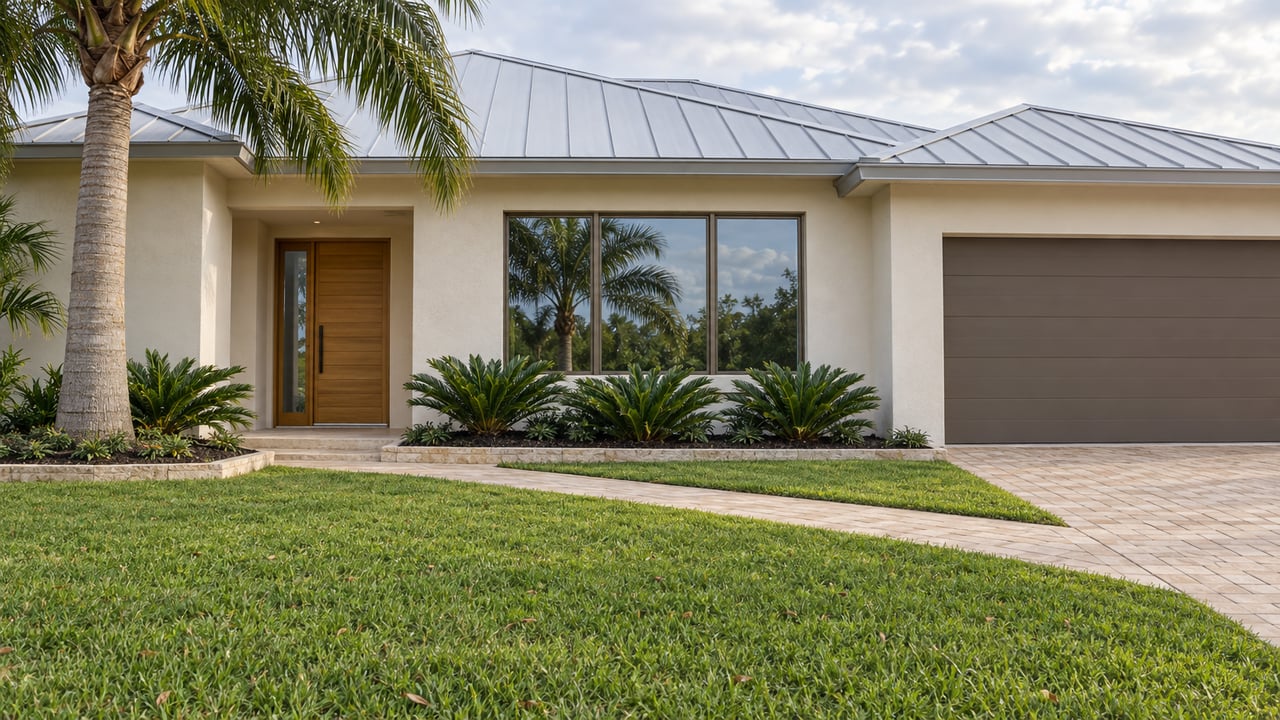 Ivory stucco home with a low silver metal roof, recessed timber entry, broad front lawn and a mature palm.