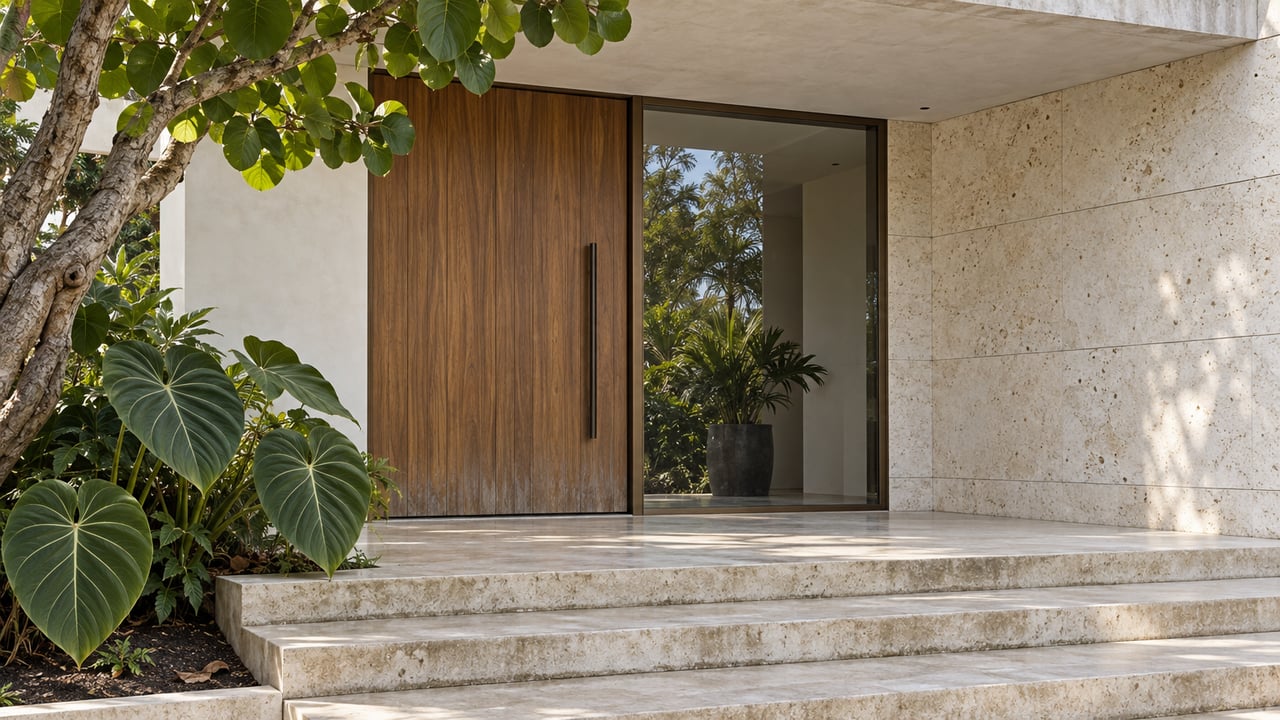 Covered entrance with a teak pivot door, bronze-framed glazing, pale stone steps and sculptural tropical planting.