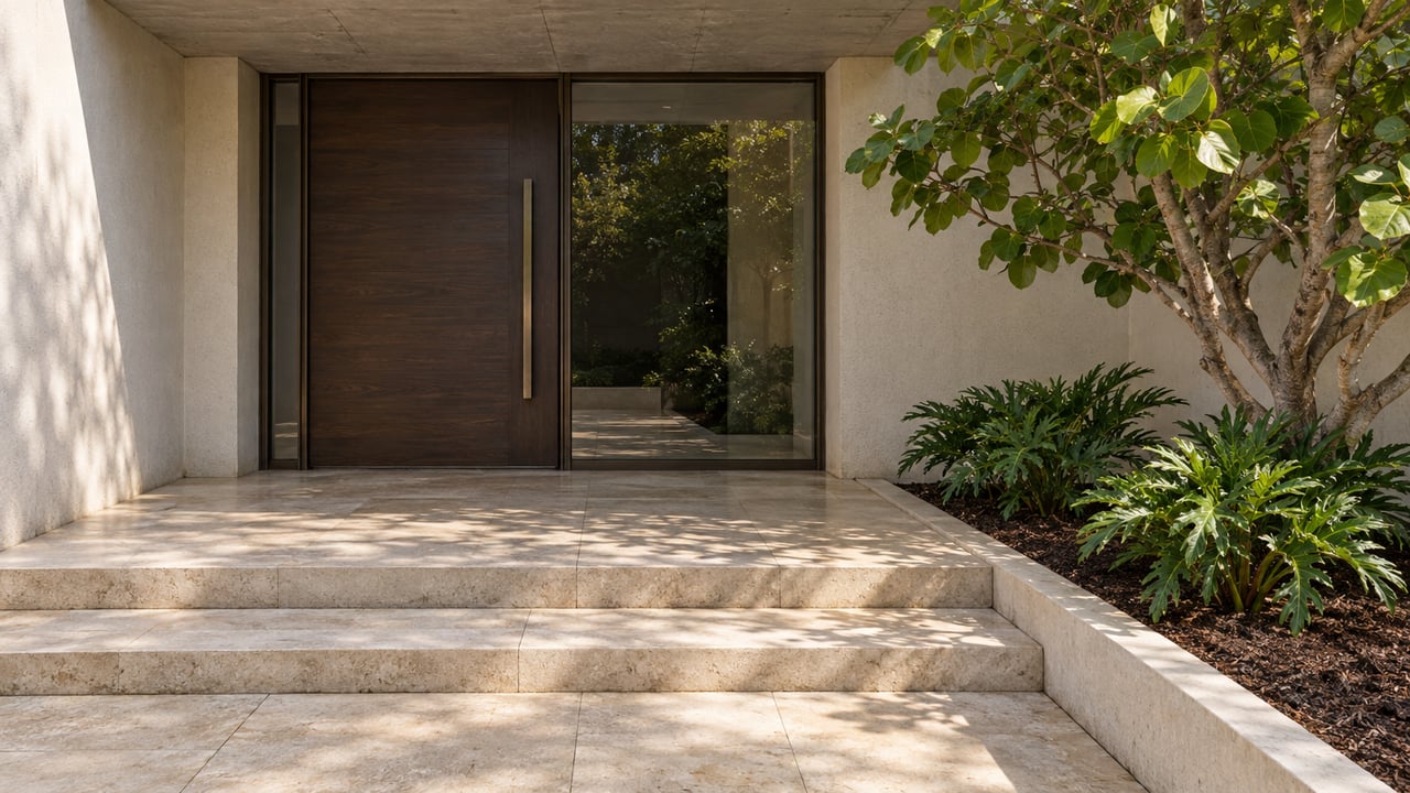 Limestone entry steps lead to a sheltered hardwood and glass doorway beside a sculptural sea-grape tree and split-leaf planting.