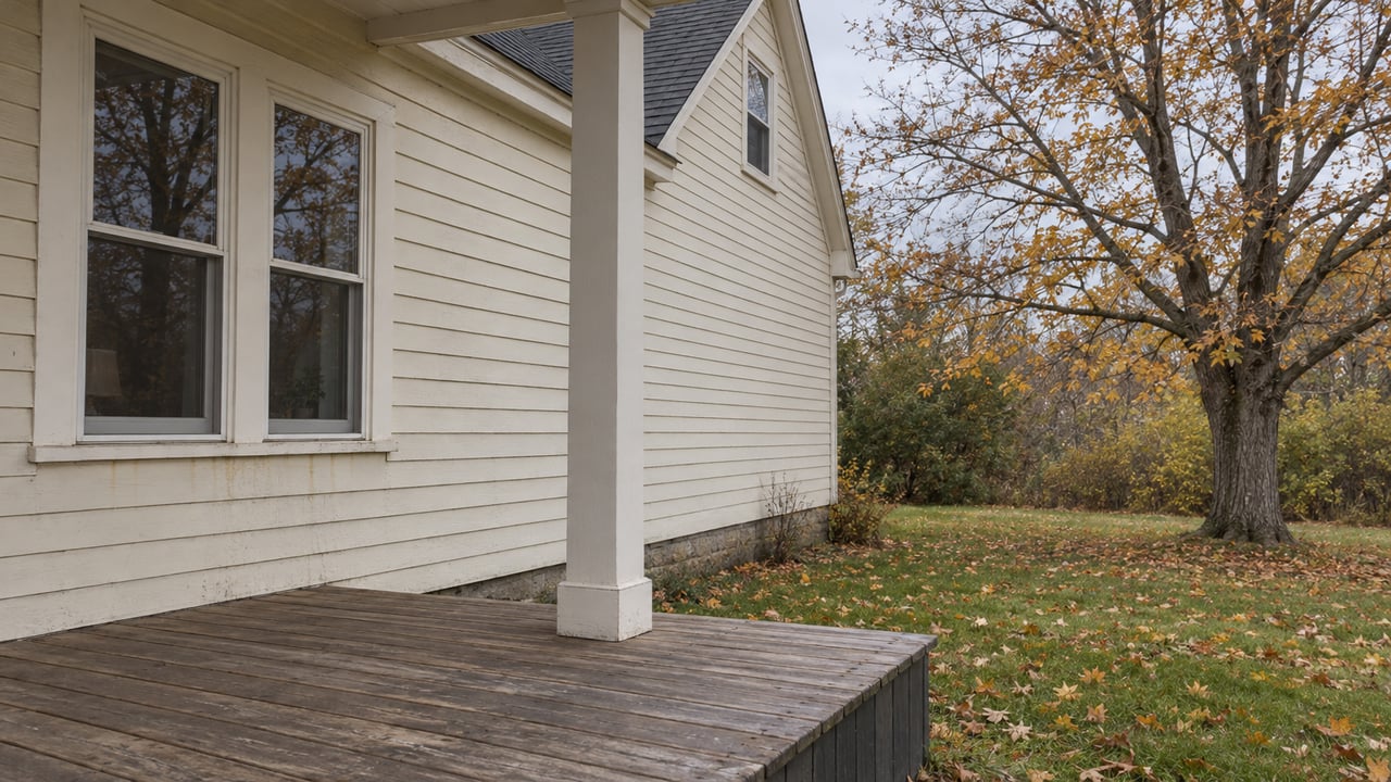 Cream clapboard house and weathered covered porch beside a mostly bare sugar maple and leaf-strewn lawn.