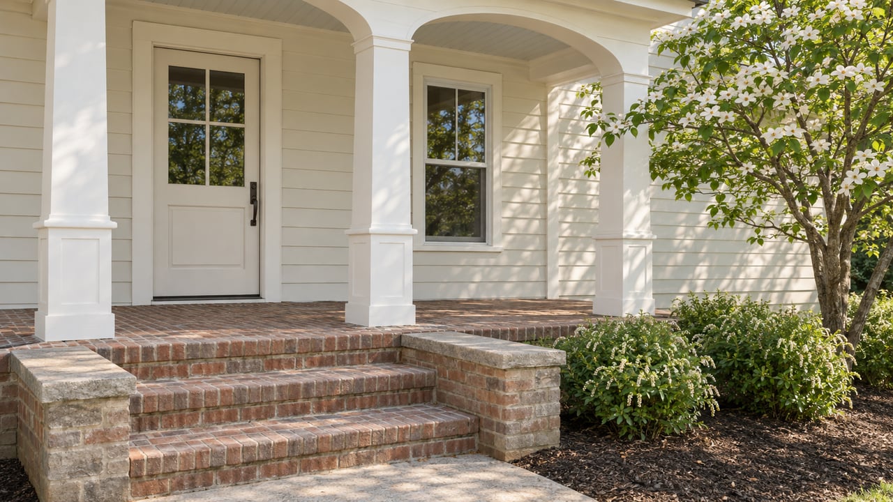 White-sided home with a glazed front door, two porch arches, brick steps, and shrubs beneath a dogwood.