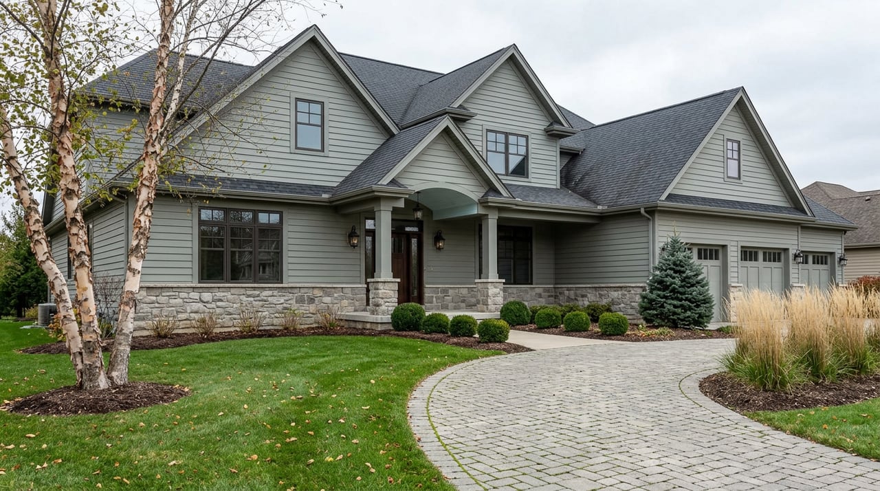 Sage-gray suburban home with stone accents, a three-bay garage, curved paver driveway, and birch tree.