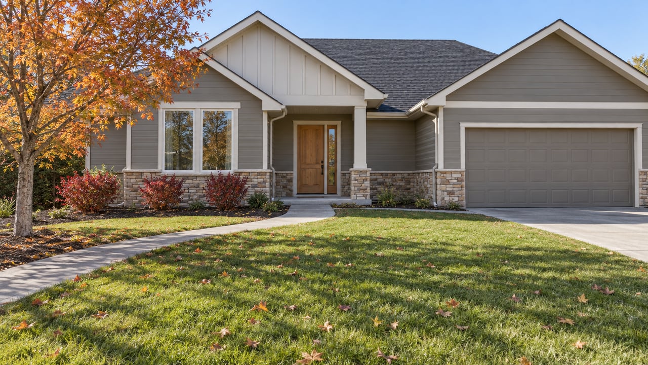 Gabled single-story home with gray siding, stone wainscot and a broad autumn lawn beneath an orange-leaved maple.