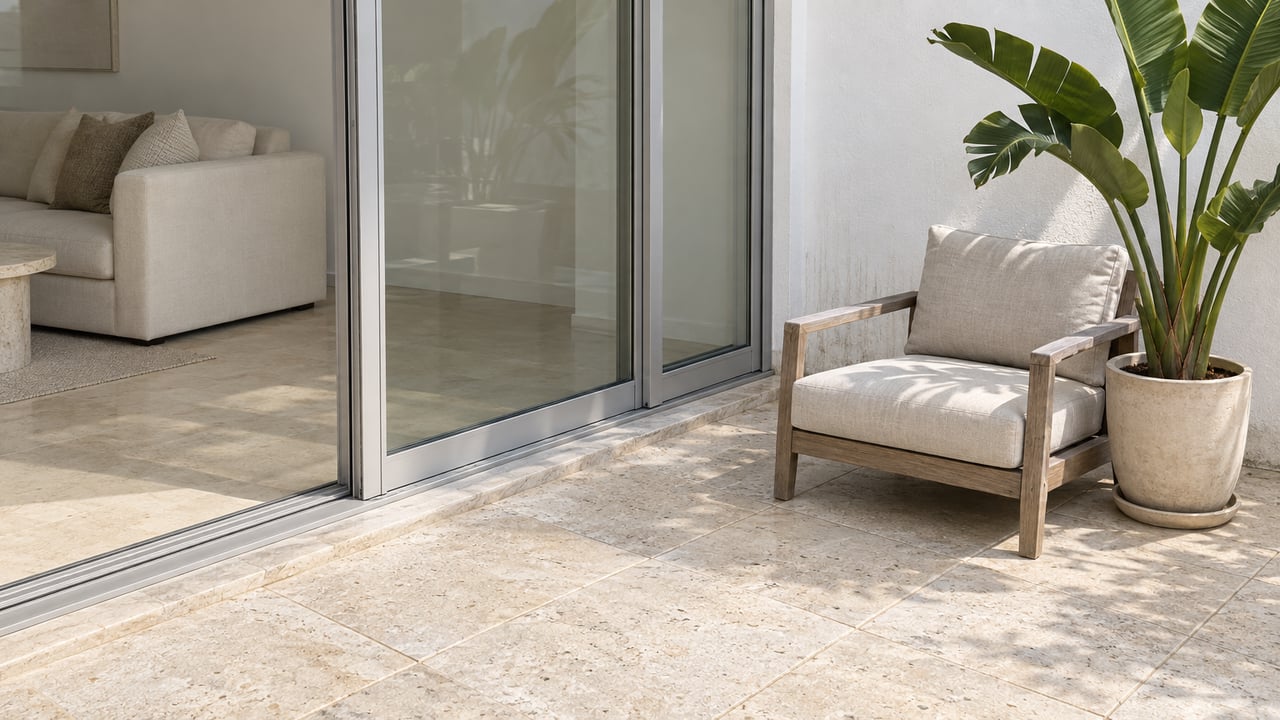 Sunlit condominium terrace with pale limestone paving, closed sliding glass doors, a teak lounge chair and a potted white bird of paradise.