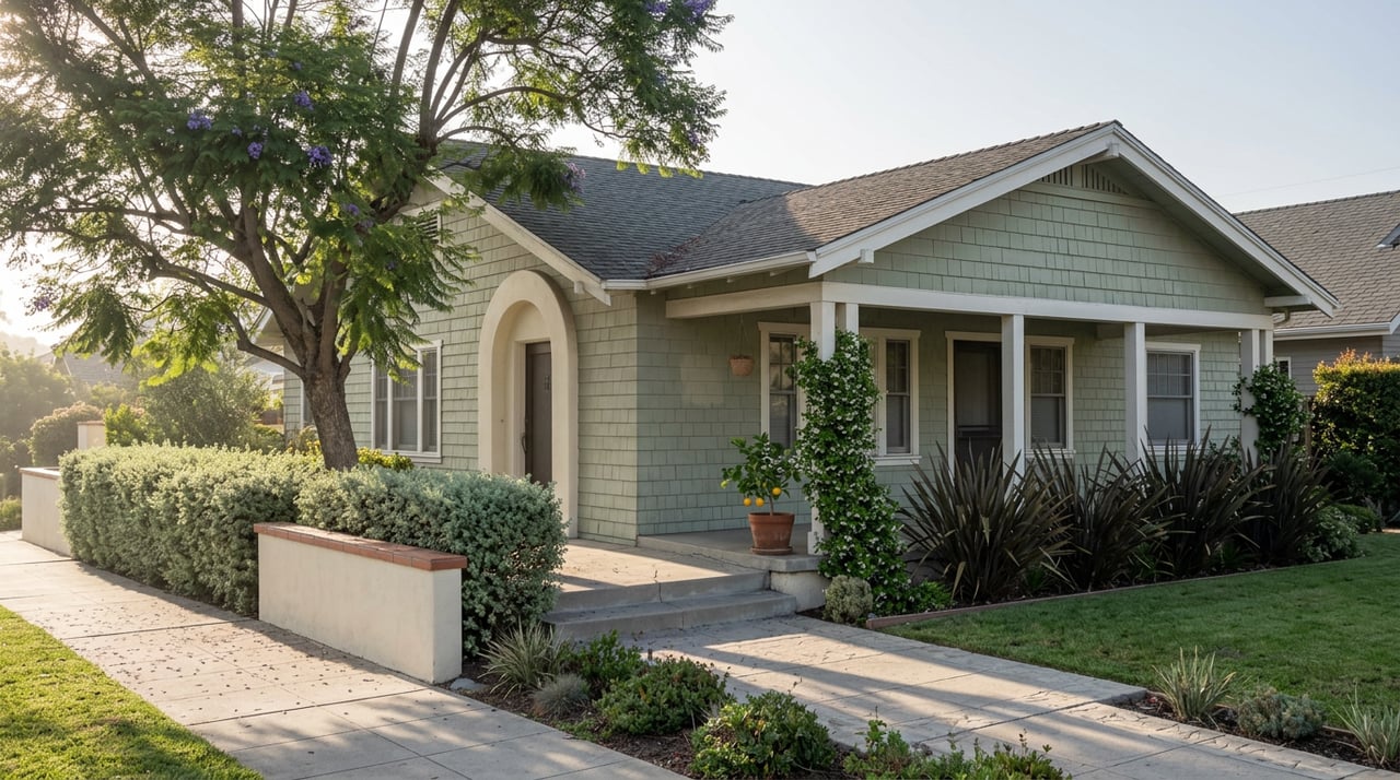Sage-green bungalow with an arched cream entry, deep porch, and flowering tree shading the front garden.