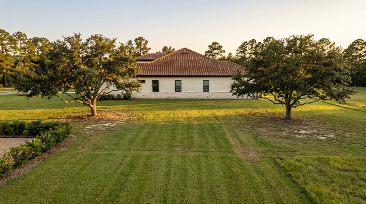 Broad lawn with two spreading live oaks and a stucco-and-limestone home beneath a pine-lined horizon.