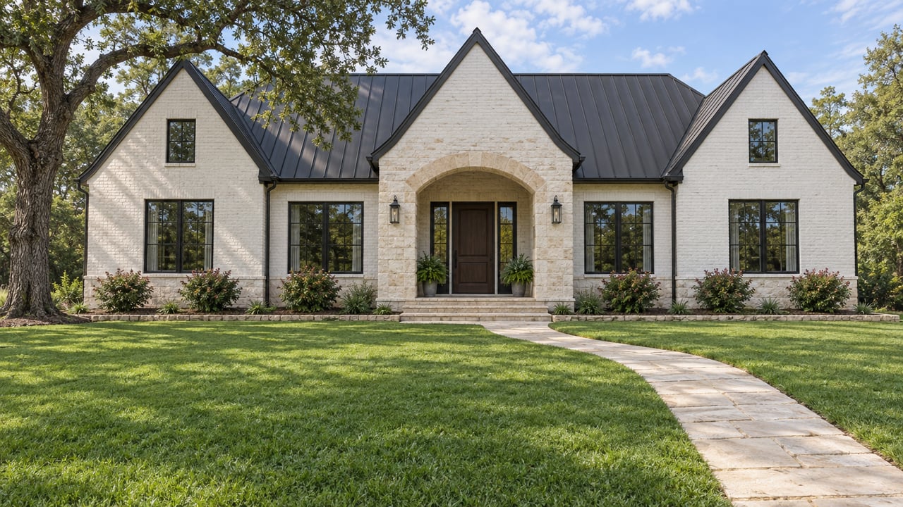 A spacious white painted-brick home with steep dark metal gables, a limestone arched entry and a broad green lawn beneath a mature oak.