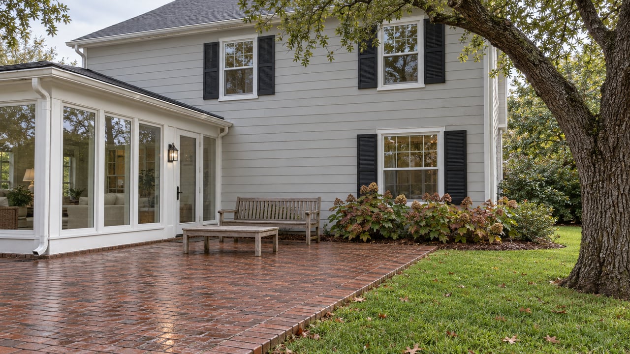 Rain-darkened brick terrace beside a light-gray home with an enclosed sunroom, weathered teak seating, and a spreading live oak above the lawn.