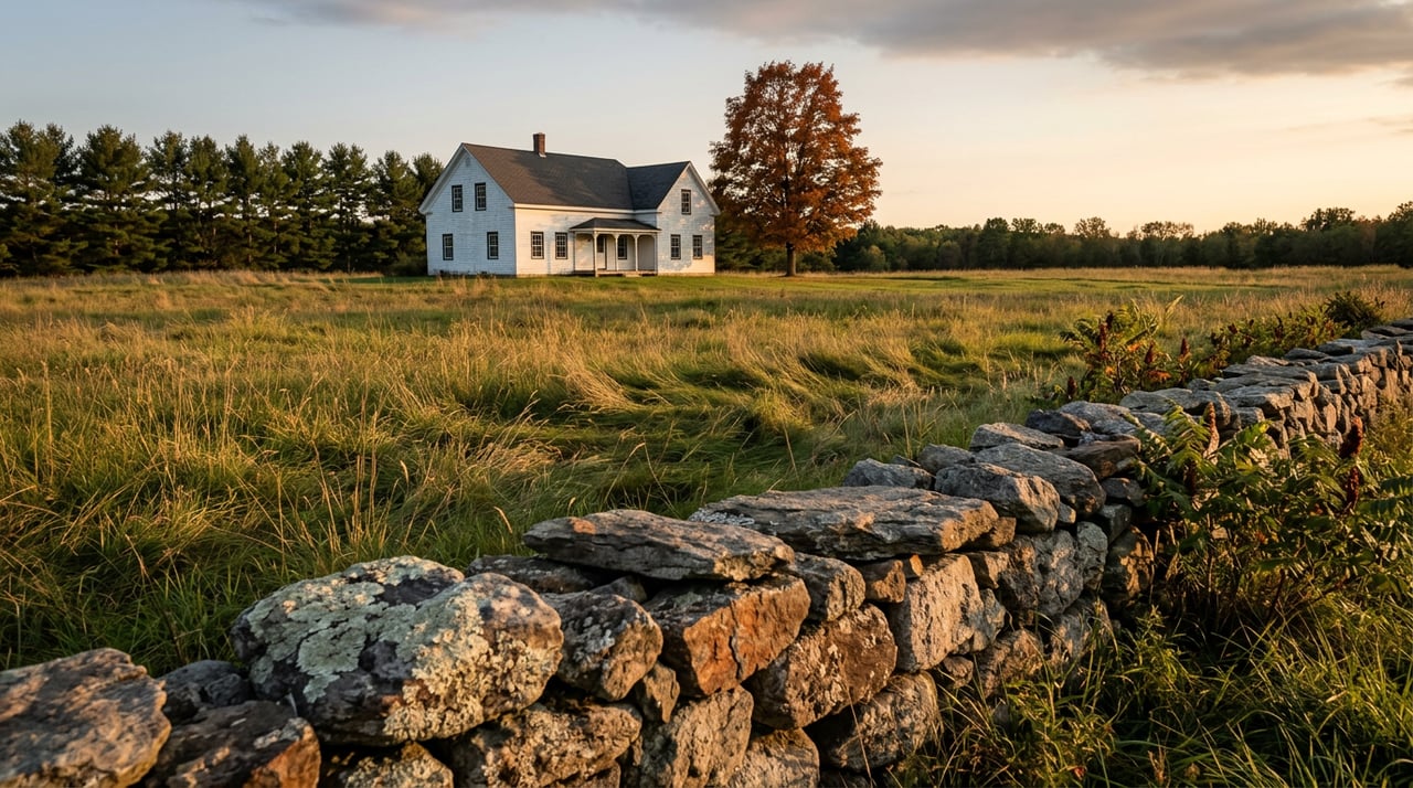 Dry-stacked stone wall borders a meadow leading to a distant white farmhouse beneath a red-orange maple.