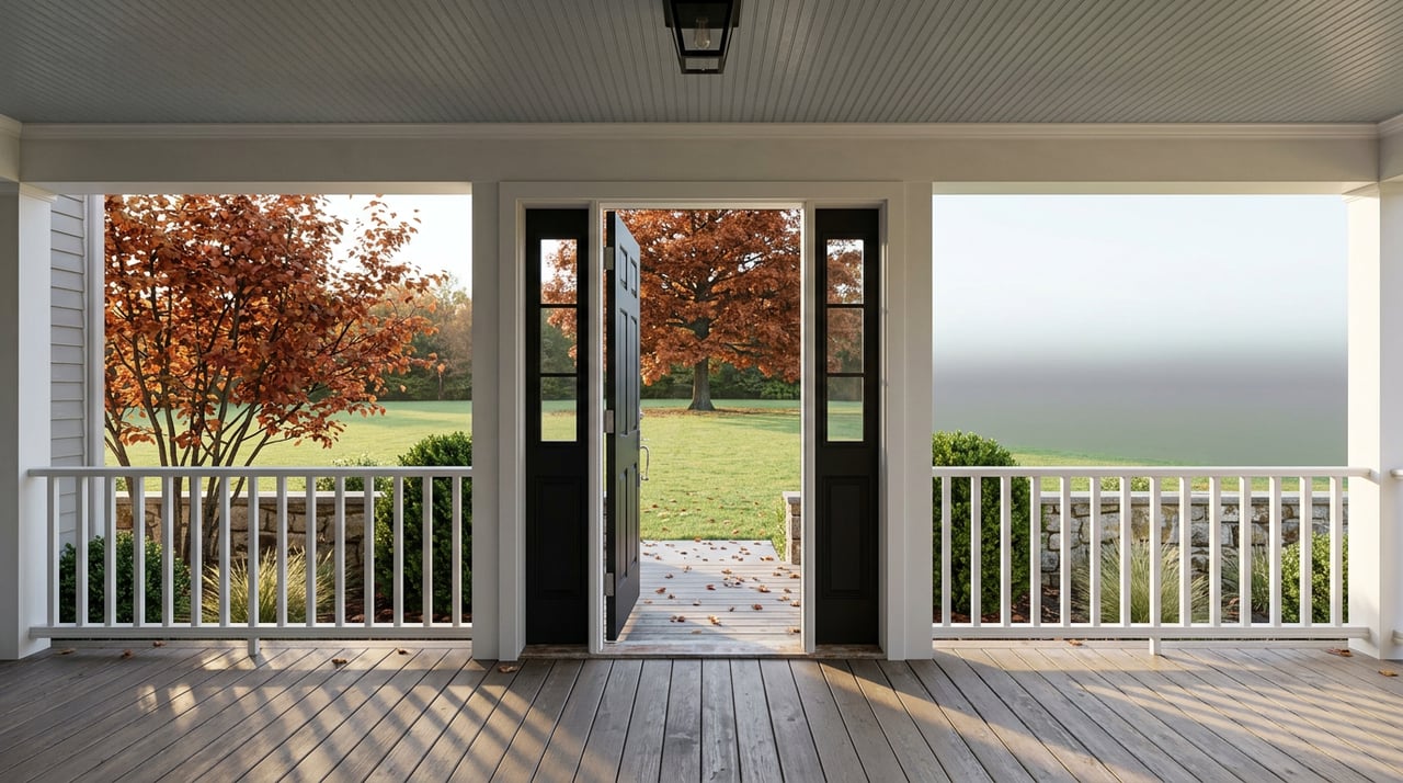 Covered porch with a black-framed door, stone steps, scattered leaves, and an orange-canopied tree across the lawn.