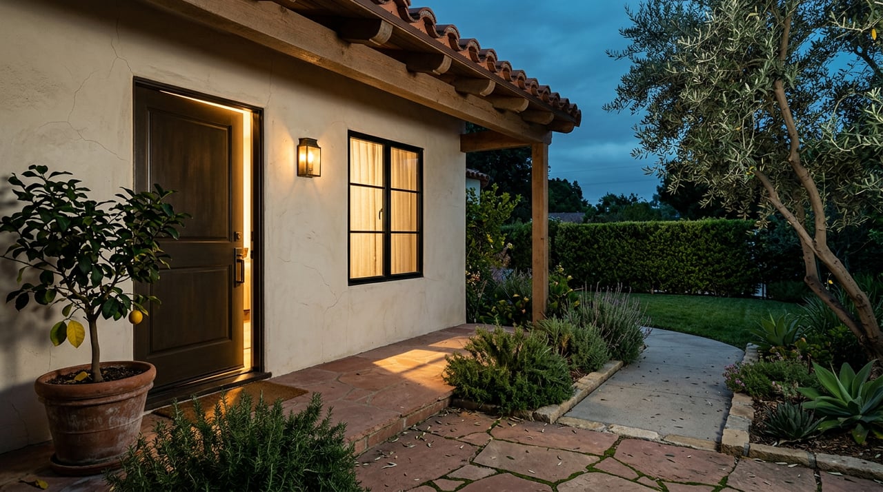 Spanish-style porch with an ajar glowing door, curtained window, terracotta lemon tree, and olive canopy at dusk.