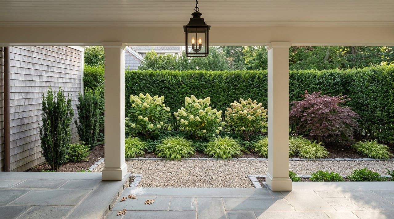 Covered loggia with white columns and bronze lantern overlooking hydrangeas, burgundy maple, and a clipped hedge.